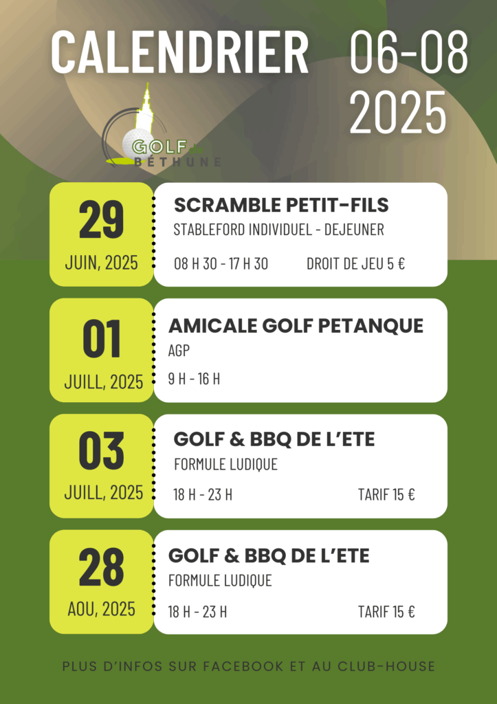 Calendrier juin à août calendrier des compétitions et événements au Golf de Béthune