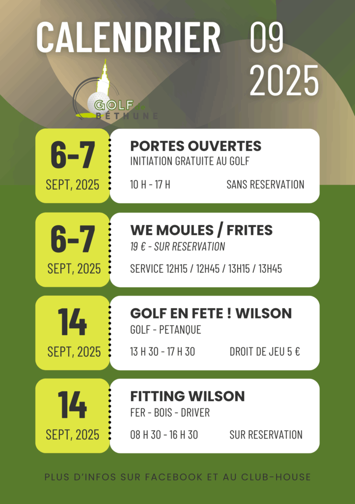 Calendrier sept compétitions golf de béthune